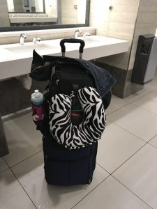 www.redneckrhapsody.com Airpot restroom with luggage all loaded up with backpack, pillow, jacket and water bottle. Israel Spring 2018