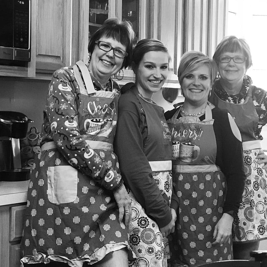 Annual Christmas Family Bake Day - Love our tribe and the aprons! Cathy, Amber, Trina, ChaCha.