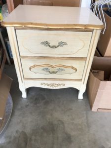 www.redneckrhapsody.com Children's nightstand, which is off white with gold accents -a french provincial look that was popular in the 80's, before demo of turning it into a child's play kitchen