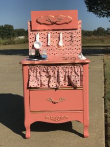 www.redneckrhapsody.com DIY Play Kitchen - Greer's new play kitchen painted coral with accents of gold, stainless steal, and accessories.