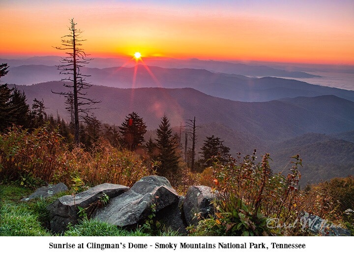 www.redneckrhapsody.com Sunrise @ Clingman's Dome in the Smoky National Park, TN Gorgeous shades of bright orange fading up to hues of peach over a scene of trees in the fall and mountains.