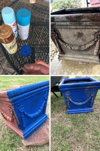 1) Old planter painted a bright blue with gold highlights and fresh dirt and flowers 