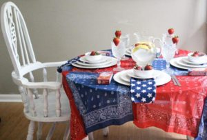 Beautiful Patriotic Tablescape with Bandanas featured in read and blue.