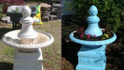 White water fountain that doesn't work, spray painted and planted in 2014.