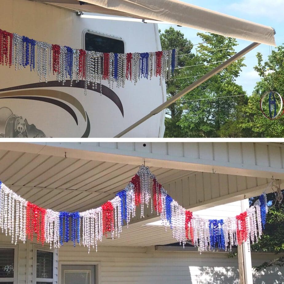 Outdoor DIY Decor: Bead garland collage pic: One of hanging on camper awning, the other on the back porch.