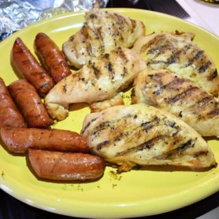 Chicken and sausage fresh off the grill.
