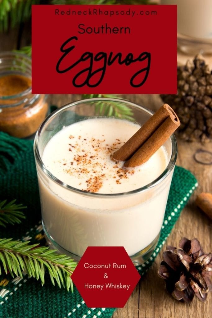 Glass of Southern Redneck Eggnog ready to drink displayed with Christmas decorations.