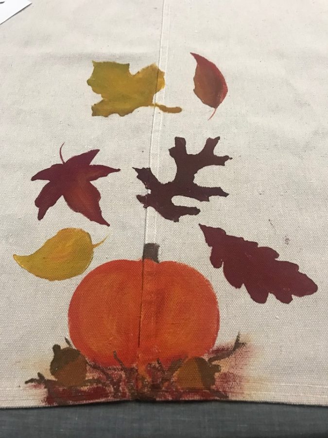 Stencils applied in different Fall colours to Thanksgiving Tablecloth!