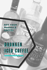 Ingredients and glass of drunken iced coffee displayed
