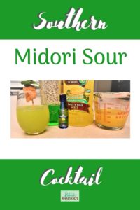 Southern Midori Sour cocktail ingredients on a pinable image.