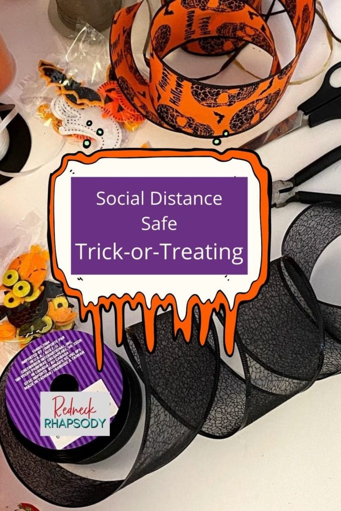 Halloween DIY Social Safety over the door shoe bag - ribbons and decorations for it.