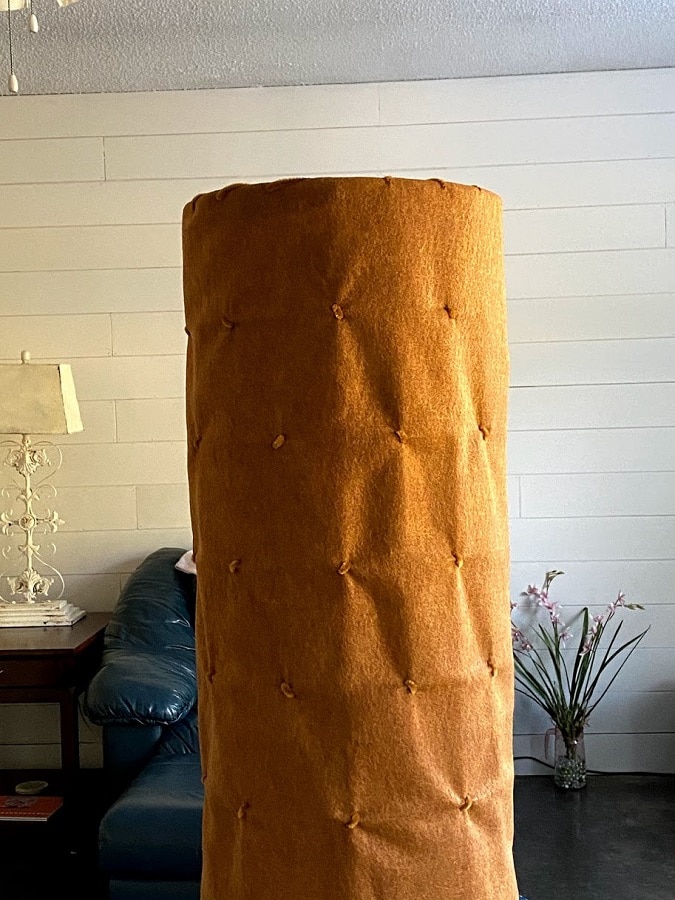 The DIY Hollow Tree Trunk with it's felt secured and ready for candy and decorations.