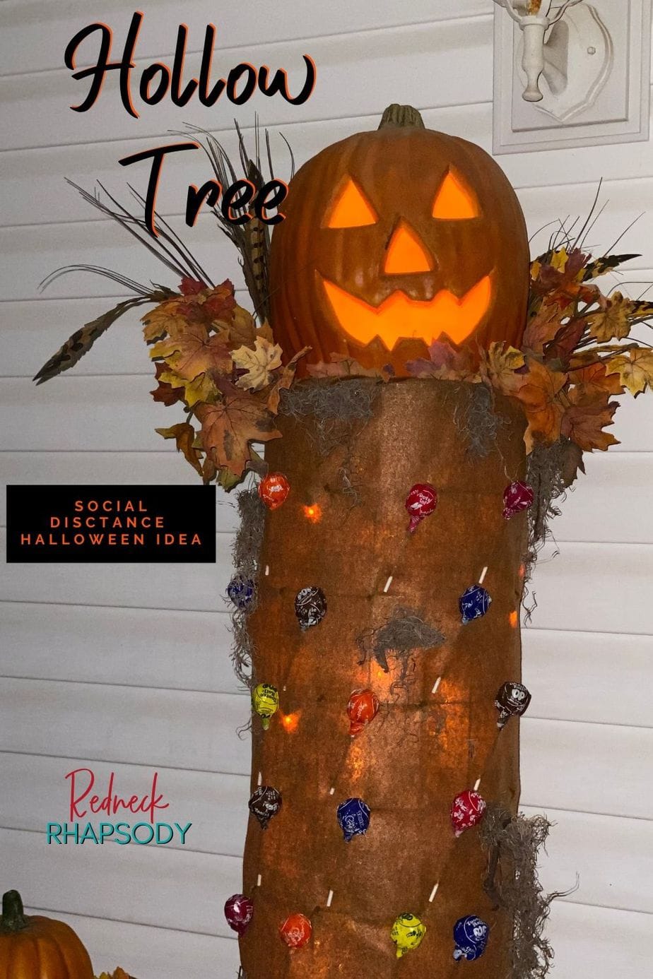 DIY Hollow Tree Pin - Wire & felt tree with suckers & pumpkin in top