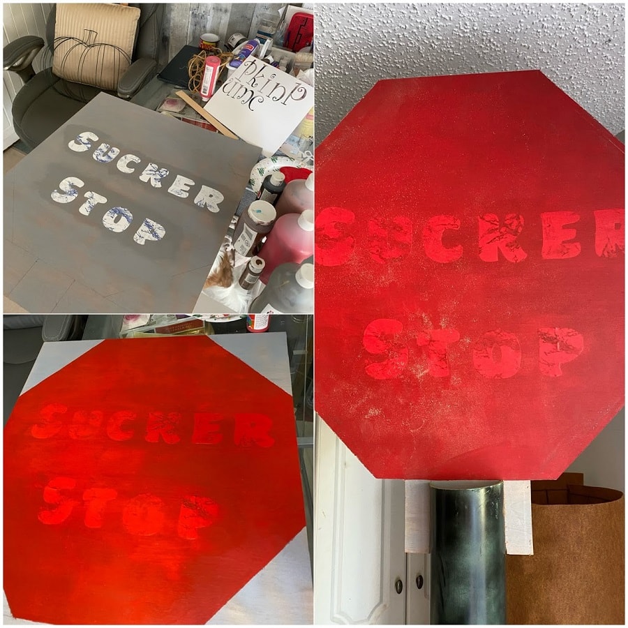 DIY Sucker Stop sign being painted 3 steps.