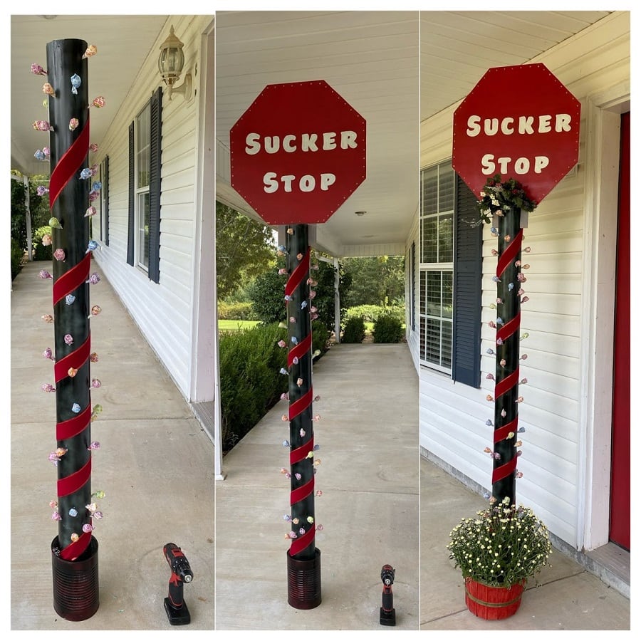 DIY Sucker Stop sign decorated for a Christmas version.