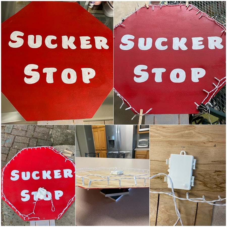 5 pic collage of painted stop sign for our DIY Sucker Stop pole to be lit up.