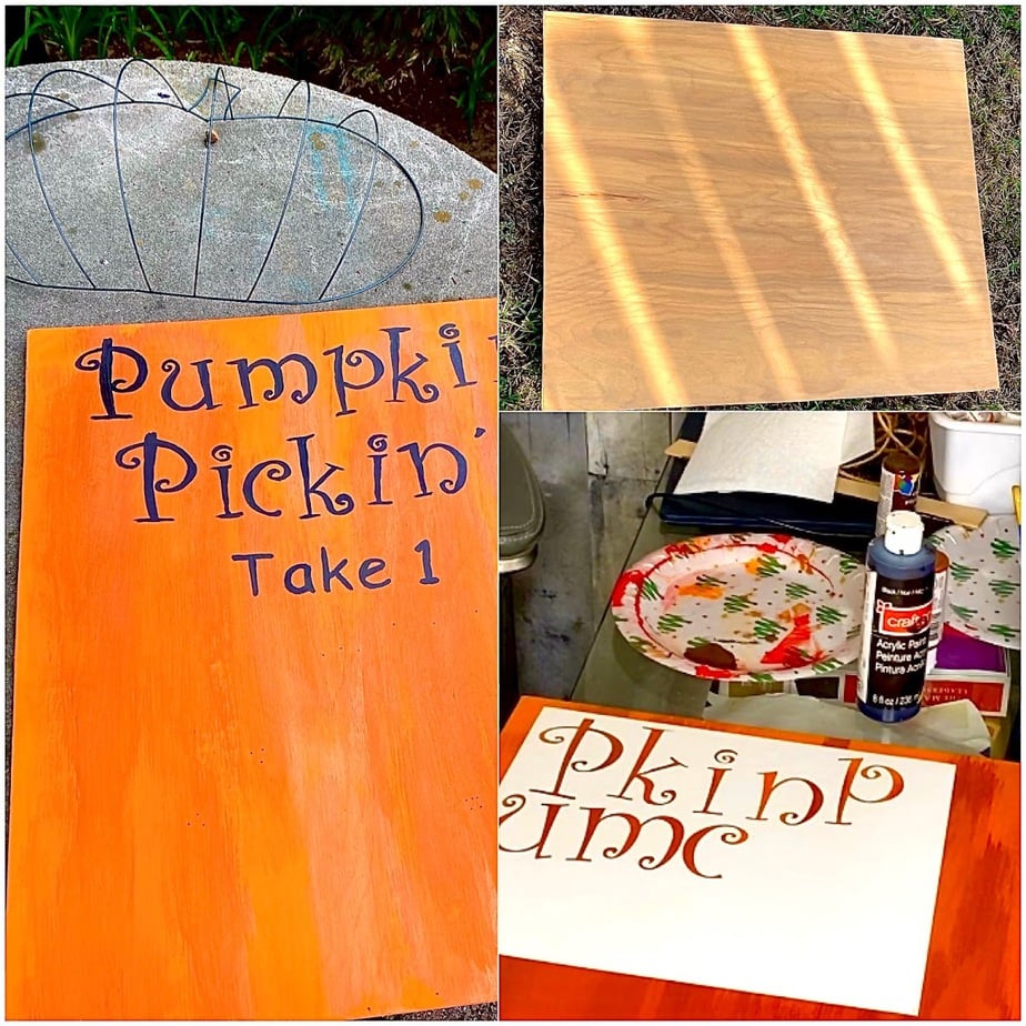 3 different stages of DIY Dollar Tree Pumpkin Pickin' display.