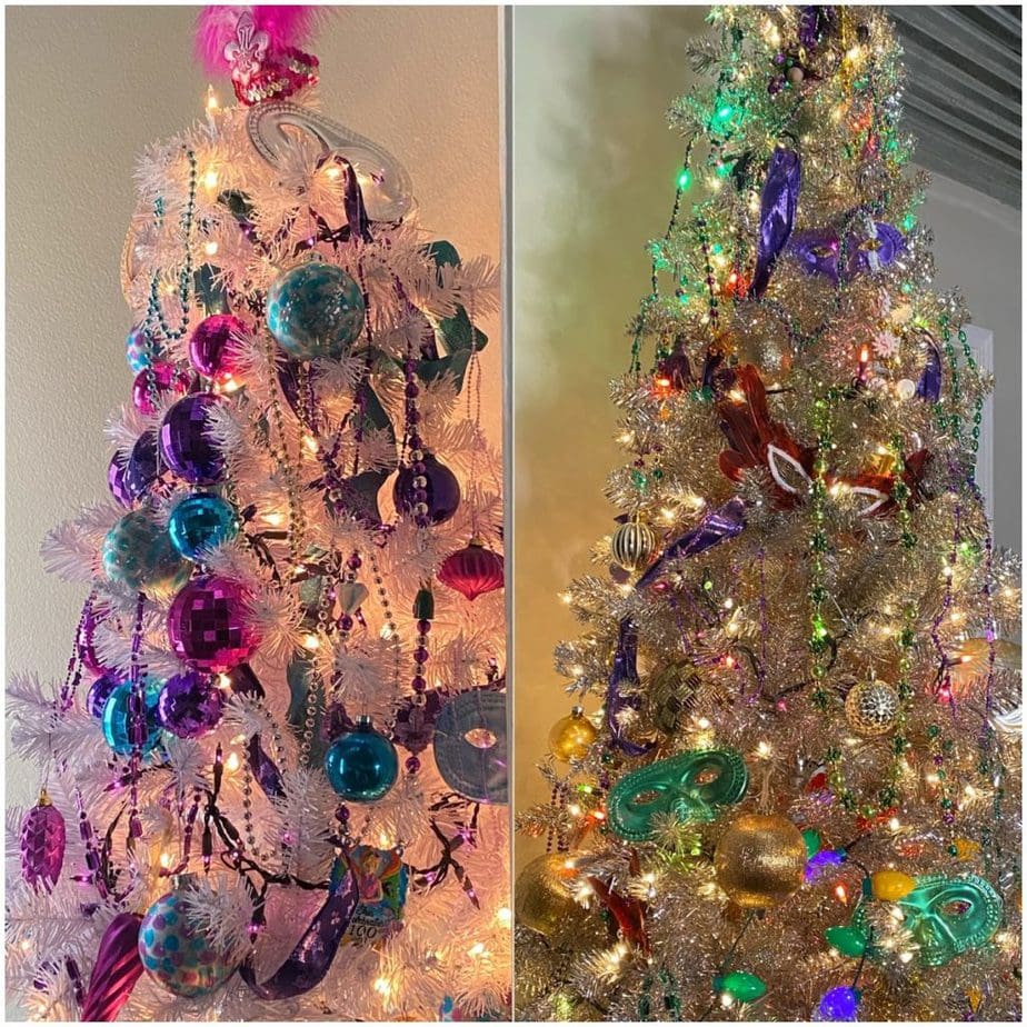 Two Mardi Gras Trees - One purple, green and gold on rose gold tree. Purple, fuchsia and teal on white.