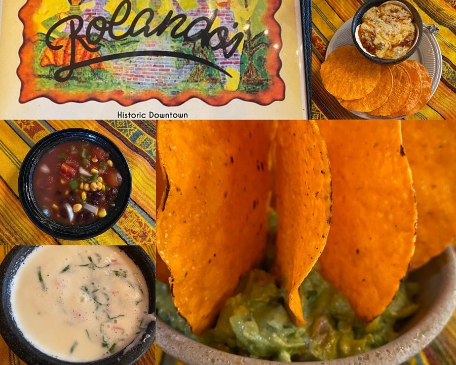Collage of Rolando's menu and dips - queso, salsa, flamado queso and guac.